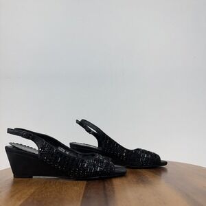Womens Lady Couture Queen Black Studded Slingback Peep Toe Wedge Sandals Size 35